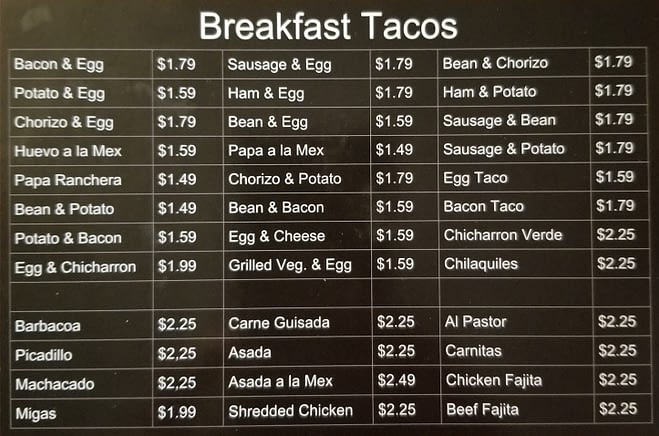 Breakfast Taco menu